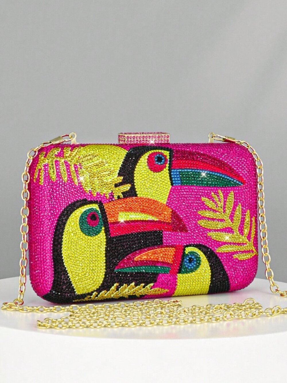 Hot Pink  Women's Sparkling Toucan Pattern Rhinestone Banquet clutch Bag